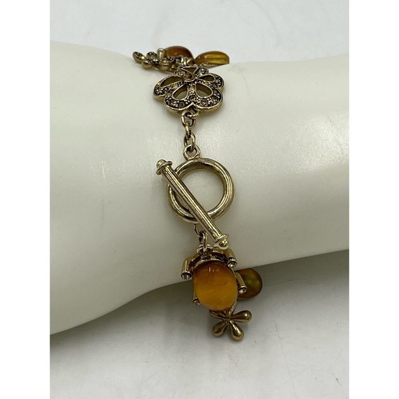 Monet Signed Yellow Cabochons & Antiqued Gold Tone Dangle Pave Toggle Bracelet - Picture 5 of 15